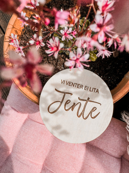 «VI VENTER EI LITA JENTE» SKILT I TRE